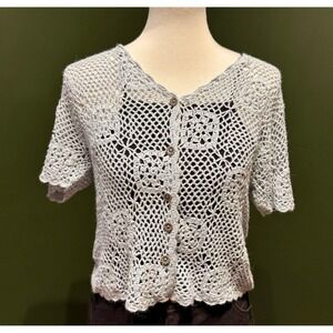 Vintage Teddi Petite Blue Crocheted Short Sleeve Button Up Sweater Women's PM